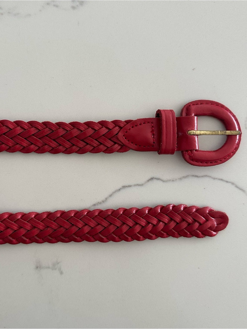 Anthropologie Vintage Braided Leather Belt with Rounded Buckle in Pink Red M/L